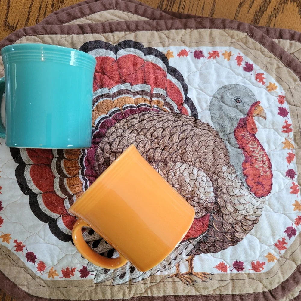 Quilted Turkey Placemats (6) Handmade Autumn Theme Leaves Farmhouse Cottage